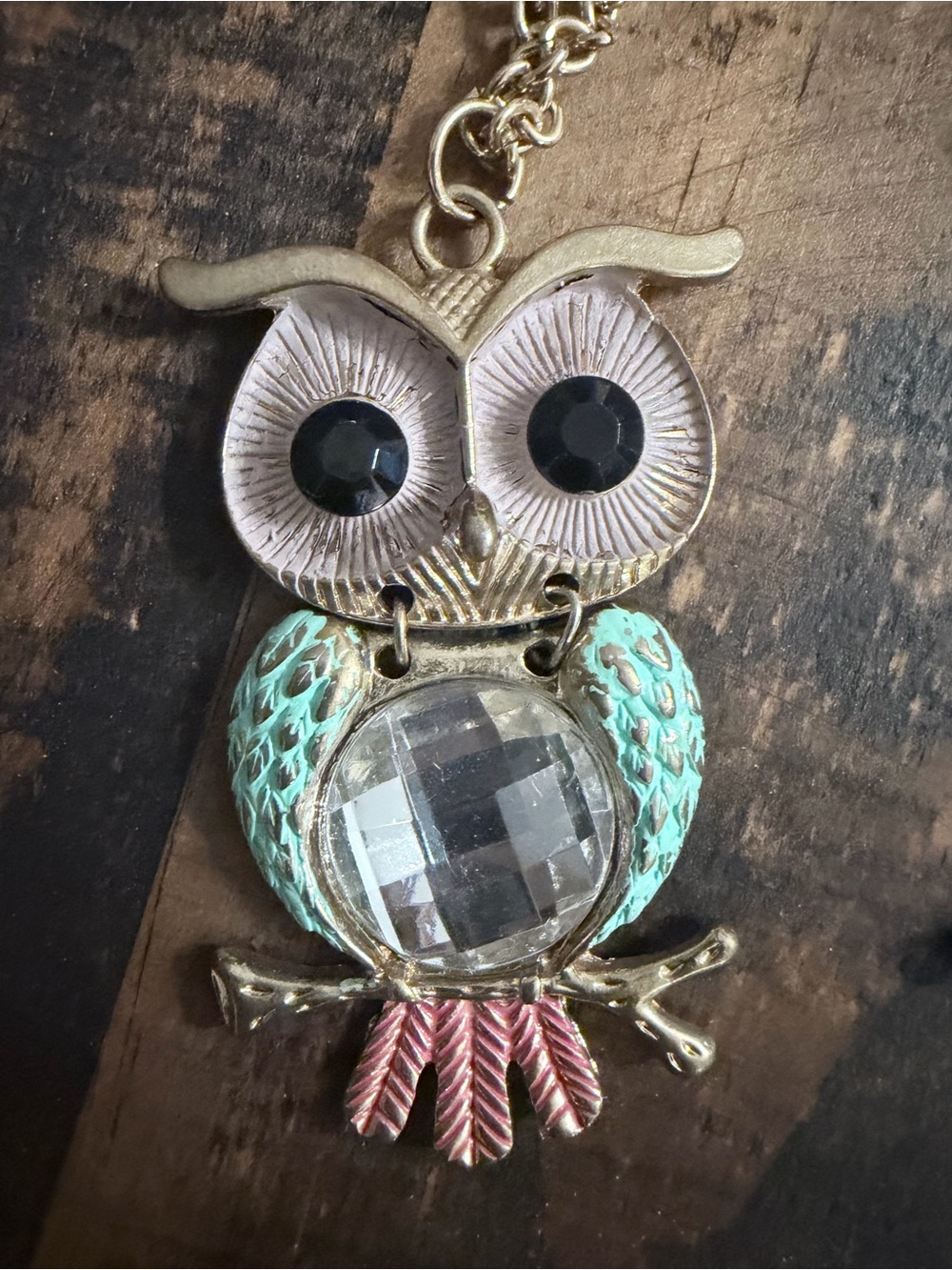 Gold-Tone Owl Pendant Necklace with Mint and Pink Accents 15” chain